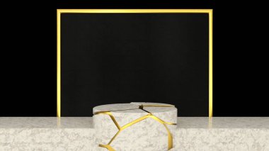 3D showroom, beyaz mermer kaide podyumu ürün gösterim şablonu sunumu için, siyah ve altın rengi