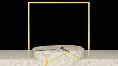 3D showroom, beyaz mermer kaide podyumu ürün gösterim şablonu sunumu için, siyah ve altın rengi