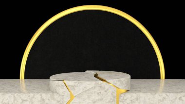 3D showroom, beyaz mermer kaide podyumu ürün gösterim şablonu sunumu için, siyah ve altın rengi