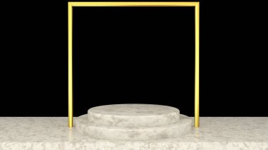 3D showroom, beyaz mermer kaide podyumu ürün gösterim şablonu sunumu için, siyah ve altın rengi