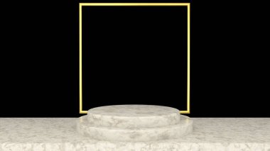 3D showroom, beyaz mermer kaide podyumu ürün gösterim şablonu sunumu için, siyah ve altın rengi