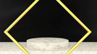 3D showroom, beyaz mermer kaide podyumu ürün gösterim şablonu sunumu için, siyah ve altın rengi