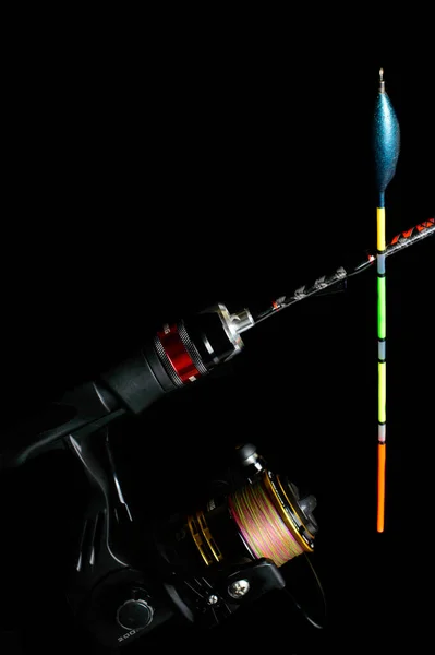 Fishing Rod Reel Colorful Fishing Float Black Background Inscription Fishing — Foto de Stock