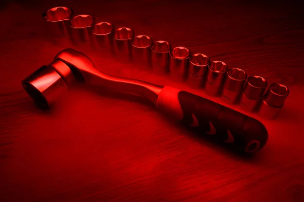 Socket Wrench Array Heads Made Chrome Vanadium Wooden Table Red — Stock Photo, Image