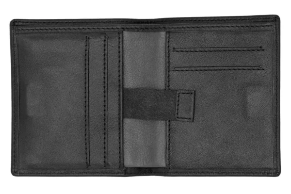 Black leather wallet open and empty with grain texture isolated on a black background.
