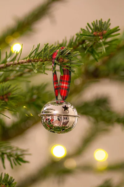 Rote Kugel Weihnachtszwiebel Und Baumzweig Dekoration Archivfoto — Stockfoto