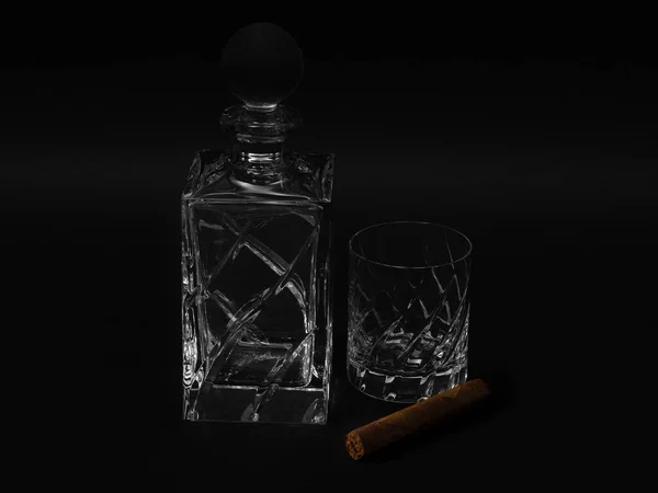 黒を基調としたキューバシガー付きクリスタルグラスとウイスキーボトル — ストック写真