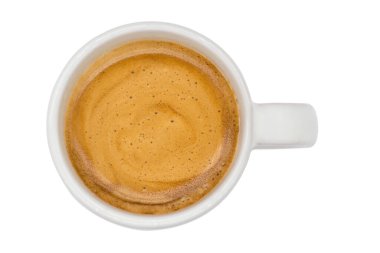 Üstten (yüksek açılı) Espresso kahvesi, beyaz arkaplanda izole.