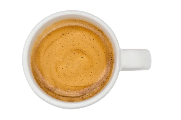 Üstten (yüksek açılı) Espresso kahvesi, beyaz arkaplanda izole.
