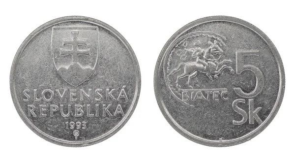 5 Slovakya Crown Koruna (SKK) sikkesi her iki tarafı da izole edilmiş beyaz arka planda