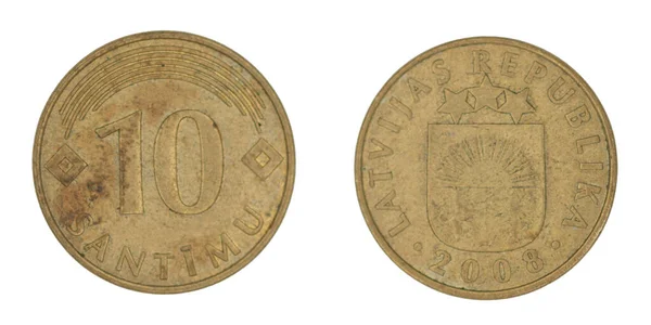 10ラトビア サンティム Lvl コインで両側が孤立した白地にある — ストック写真