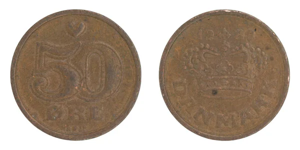 Пятьдесят Датских Крон Dkk Монета Обеих Сторон Изолированном Белом Фоне — стоковое фото
