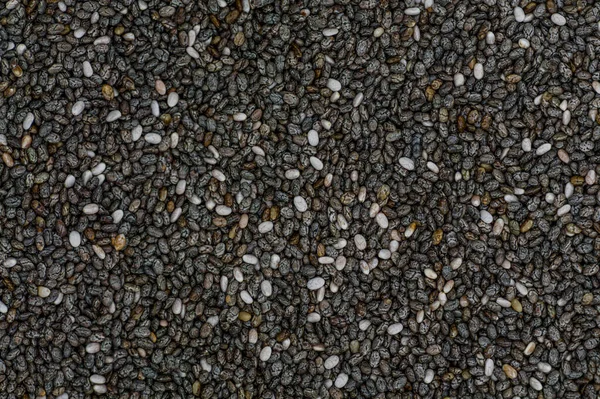 High angle full-frame photo of Chia seed grains making pattern for background, wallpaper