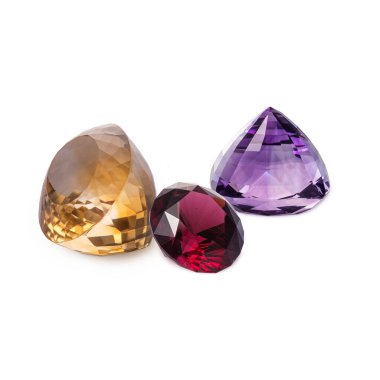 Perfect dazzling faceted gems. Rhodolite garnet, quartz citrine and quartz amethyst. Luxury jewels