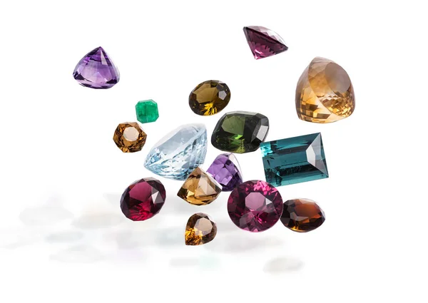 Flying Perfect Faceted Gems Shadows Shining Luxury Jewels Third Composition — 스톡 사진