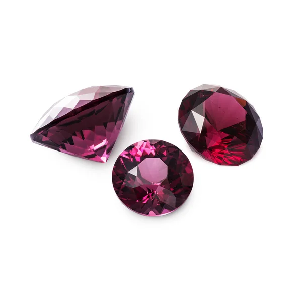Three Faceted Red Rhodolite Garnets Isolated White Background — 스톡 사진