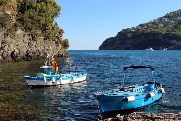 beautiful view of the sea nature scene with boats and blue sky in the beautiful Italian island of Ischia