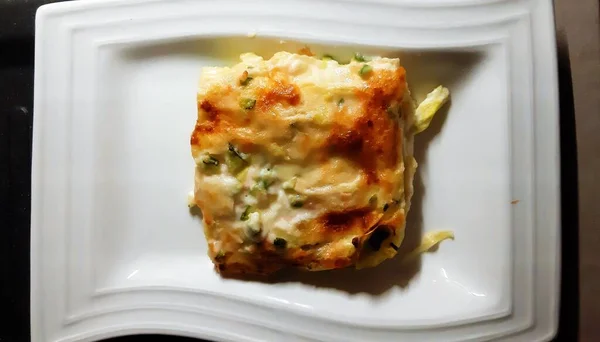 Vegetarian Lasagna Bechamel Sauce Courgette Flowers Zucchini Served White Plate — Stock Photo, Image
