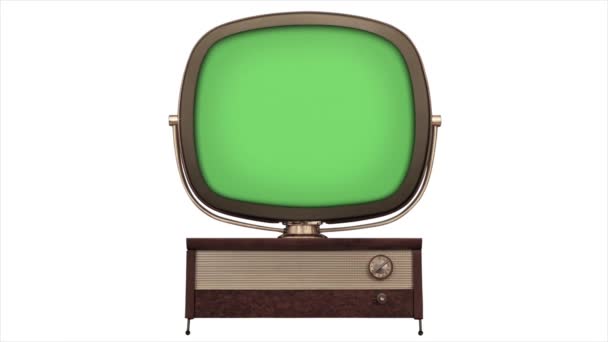 緑の画面3Dテレビ1958レトロなテレビのスタイルのスライド右に構築 スタイルのスライドを右に構築 — ストック動画