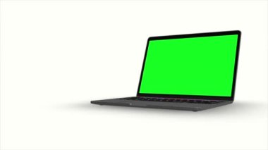 Yeşil dizüstü bilgisayar LCD ekranı ve beyaz arkaplan ekran ile hareket eden 3d dizüstü bilgisayar modeli, bunu depo görüntüleriniz için kullanabilir, kullandığınız yazılımı kullanarak yeşil dizüstü bilgisayar lcd ekranını silebilirsiniz 
