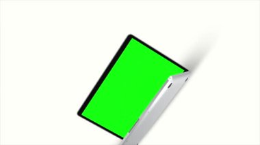 Yeşil dizüstü bilgisayar LCD ekranı ve beyaz arkaplan ekran ile hareket eden 3d dizüstü bilgisayar modeli, bunu depo görüntüleriniz için kullanabilir, kullandığınız yazılımı kullanarak yeşil dizüstü bilgisayar lcd ekranını silebilirsiniz 