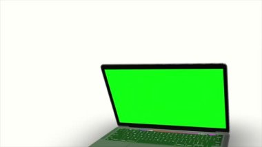 Yeşil dizüstü bilgisayar LCD ekranı ve beyaz arkaplan ekran ile hareket eden 3d dizüstü bilgisayar modeli, bunu depo görüntüleriniz için kullanabilir, kullandığınız yazılımı kullanarak yeşil dizüstü bilgisayar lcd ekranını silebilirsiniz 