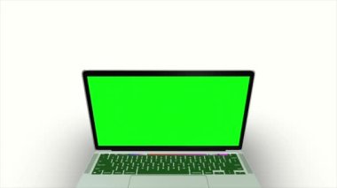 Yeşil dizüstü bilgisayar LCD ekranı ve beyaz arkaplan ekran ile hareket eden 3d dizüstü bilgisayar modeli, bunu depo görüntüleriniz için kullanabilir, kullandığınız yazılımı kullanarak yeşil dizüstü bilgisayar lcd ekranını silebilirsiniz 