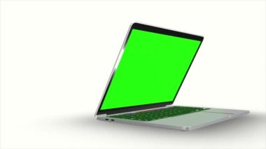 Yeşil dizüstü bilgisayar LCD ekranı ve beyaz arkaplan ekran ile hareket eden 3d dizüstü bilgisayar modeli, bunu depo görüntüleriniz için kullanabilir, kullandığınız yazılımı kullanarak yeşil dizüstü bilgisayar lcd ekranını silebilirsiniz 