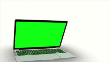 Yeşil dizüstü bilgisayar LCD ekranı ve beyaz arkaplan ekran ile hareket eden 3d dizüstü bilgisayar modeli, bunu depo görüntüleriniz için kullanabilir, kullandığınız yazılımı kullanarak yeşil dizüstü bilgisayar lcd ekranını silebilirsiniz 