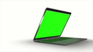 Yeşil dizüstü bilgisayar LCD ekranı ve beyaz arkaplan ekran ile hareket eden 3d dizüstü bilgisayar modeli, bunu depo görüntüleriniz için kullanabilir, kullandığınız yazılımı kullanarak yeşil dizüstü bilgisayar lcd ekranını silebilirsiniz 