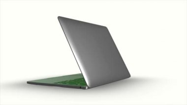 Yeşil dizüstü bilgisayar LCD ekranı ve beyaz arkaplan ekran ile hareket eden 3d dizüstü bilgisayar modeli, bunu depo görüntüleriniz için kullanabilir, kullandığınız yazılımı kullanarak yeşil dizüstü bilgisayar lcd ekranını silebilirsiniz 