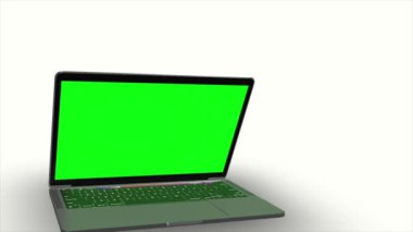 Yeşil dizüstü bilgisayar LCD ekranı ve beyaz arkaplan ekran ile hareket eden 3d dizüstü bilgisayar modeli, bunu depo görüntüleriniz için kullanabilir, kullandığınız yazılımı kullanarak yeşil dizüstü bilgisayar lcd ekranını silebilirsiniz 