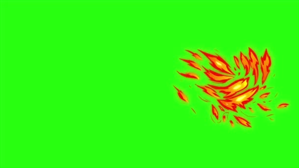 Loop Animation Feuer Auf Grünem Bildschirmhintergrund Feuerball Fliegt Wellig Seitwärts — Stockvideo
