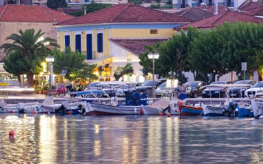 Small greek town in sunset colours, Galaxidi, Greece. High quality photo