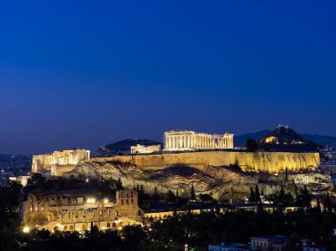 A panoramic view of Acropolis during blue hour in summer. High quality photo