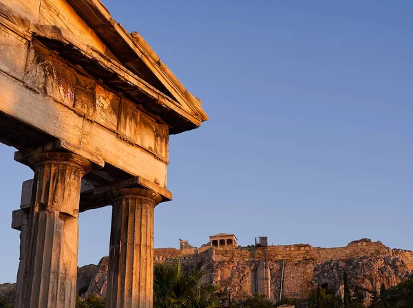 Athenian ancient forum temple ruin during sunset. High quality photo