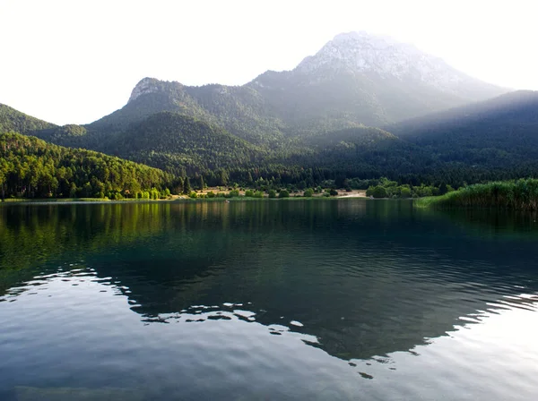 Beautiful mountains reflection during summer afternoon in Doxa Lake. High quality photo