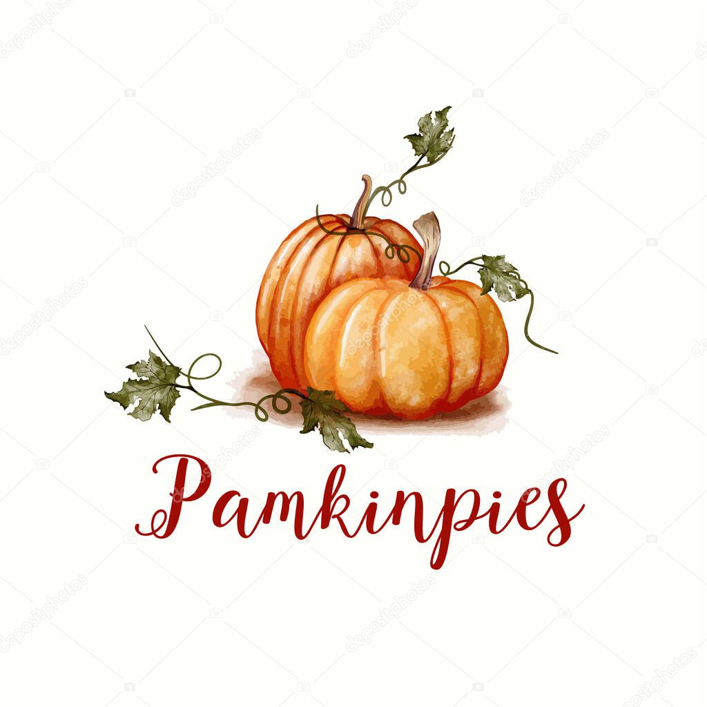 Hand drawn watercolor pumpkin and leaves logo for halloween poster or invitation card design