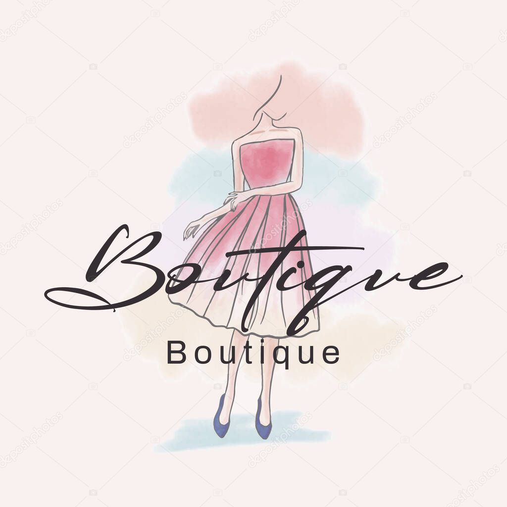 Hand drawn watercolor beauty logotype design for clothing brand, fashion, boutique