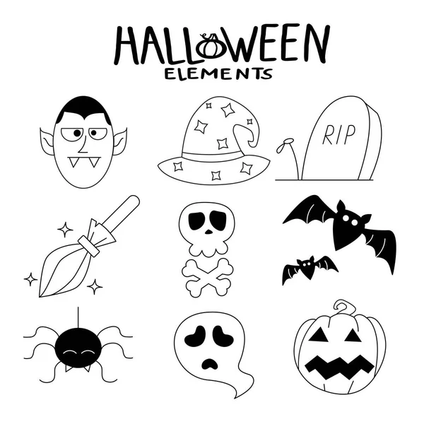 Halloween Set Doodle Set Stylized Pumpkins Bats Crow Candles Day — Stockvektor