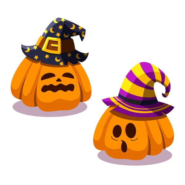 Cartoon Halloween Pumpkin Wearing Witch Hat Isolated Set Pumpkin — Stockvektor