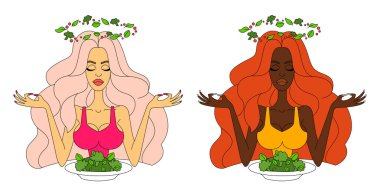 Mutlu kadın salata yiyor. Vejetaryen. Düzgün beslenme ve sağlıklı yaşam tarzı kavramı. Çizgi film tarzında vektör illüstrasyonu