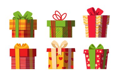 Vector set of different gift boxes.Beautiful present box with overwhelming bow. Vector illustration.Christmas gift box.Colorful wrapped gift boxes.Beautiful present box with overwhelming bow.