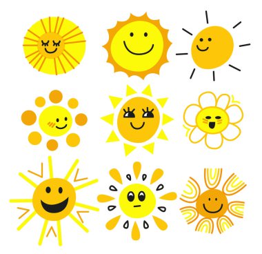 Güneş simgeleri. Komik yaz güneşi, güneş ışığı, bebeğim, mutlu sabah emojisi. Çocuk çizimi. Çizgi film güneşli gülümseyen yüz vektör simgeleri