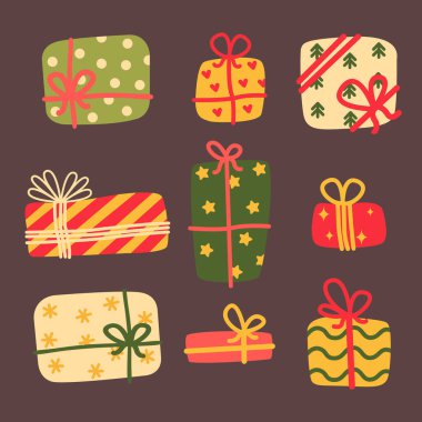 Karanlık bir arka planda çeşitli hediyelerin toplanması. Çizgi film. Vektör illüstrasyonu.