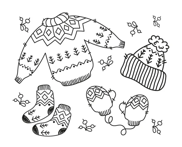 Set Cozy Knitted Warm Clothes Autumn Pastime Coloring Page Vector — Stock Vector