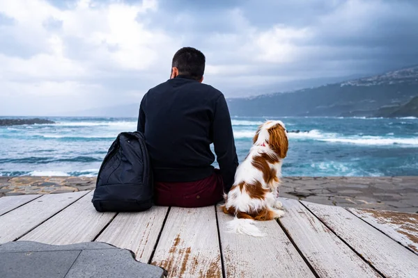 Man with dog looking to the ocean