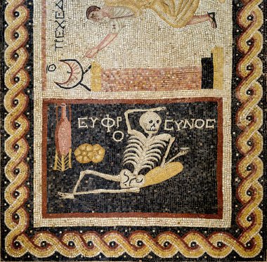 In the ancient city of Antiocheia in Hatay, a Skeleton Mosaic belonging to the 3rd century BC with the Greek words 