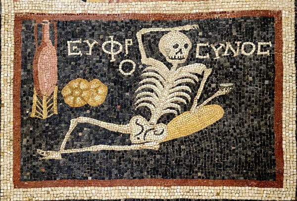 In the ancient city of Antiocheia in Hatay, a Skeleton Mosaic belonging to the 3rd century BC with the Greek words 
