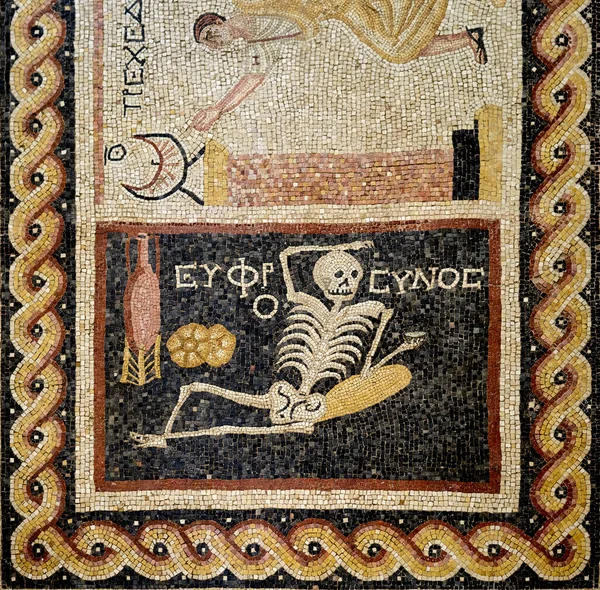 In the ancient city of Antiocheia in Hatay, a Skeleton Mosaic belonging to the 3rd century BC with the Greek words 